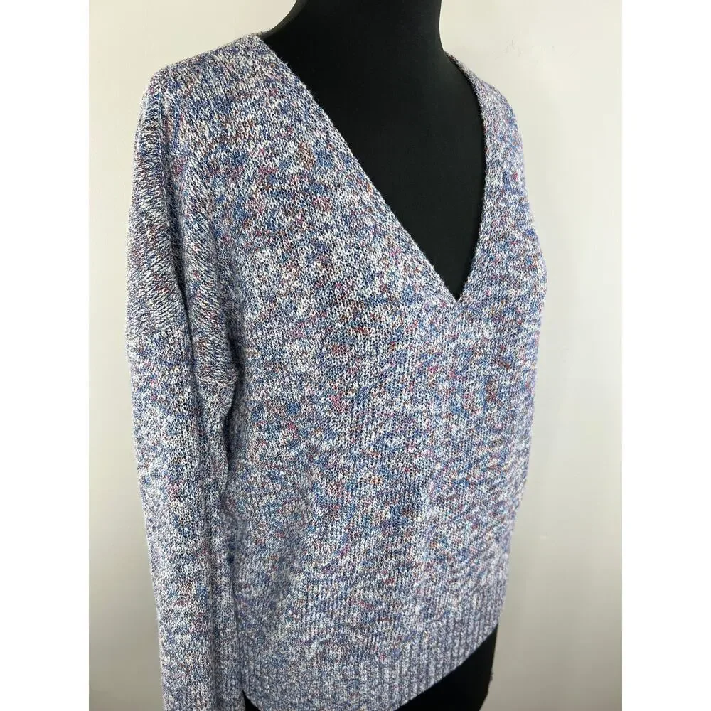 J Crew Blue Purple Marled Knit Flare Sleeve V-Neck Cotton Blend Sweater Size L